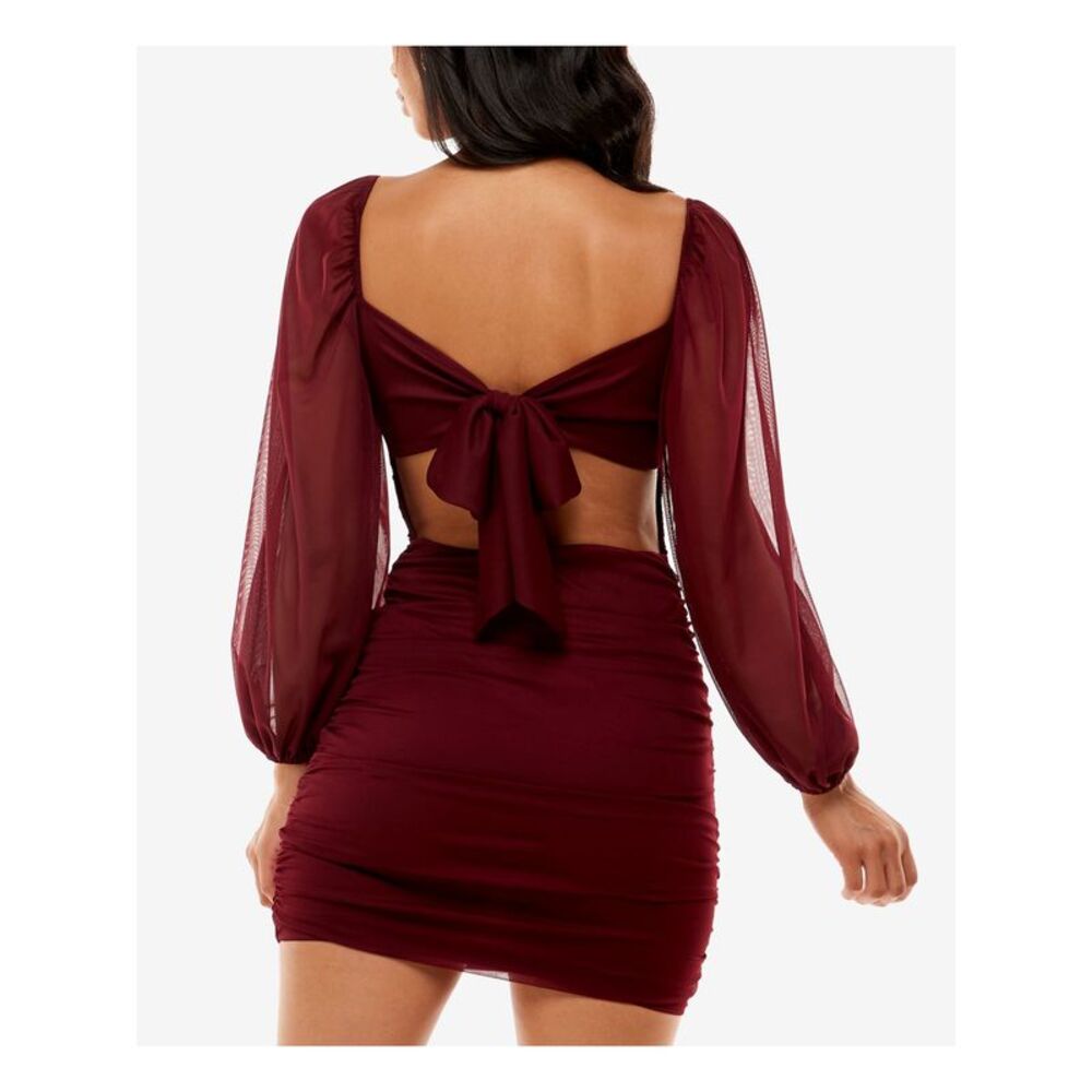 B DARLIN Womens Short Dress Burgundy Twist Front Long Sleeve Tie Back Juniors S - Picture 3 of 4